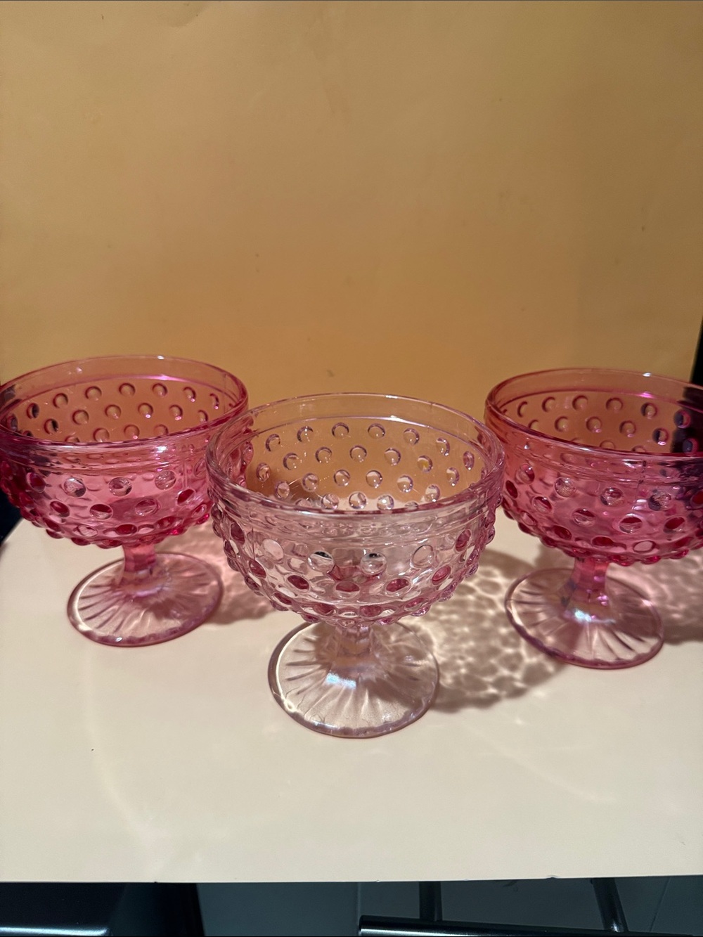 Pink Hobnail Glass Dessert Cups - Set of 3